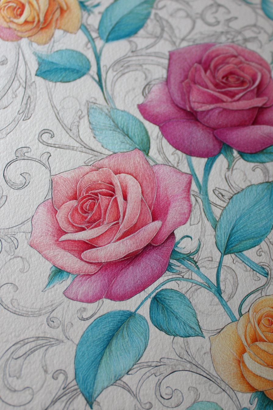 Desenho de Rosa: rosa colorida com folhas verdes para desenhar