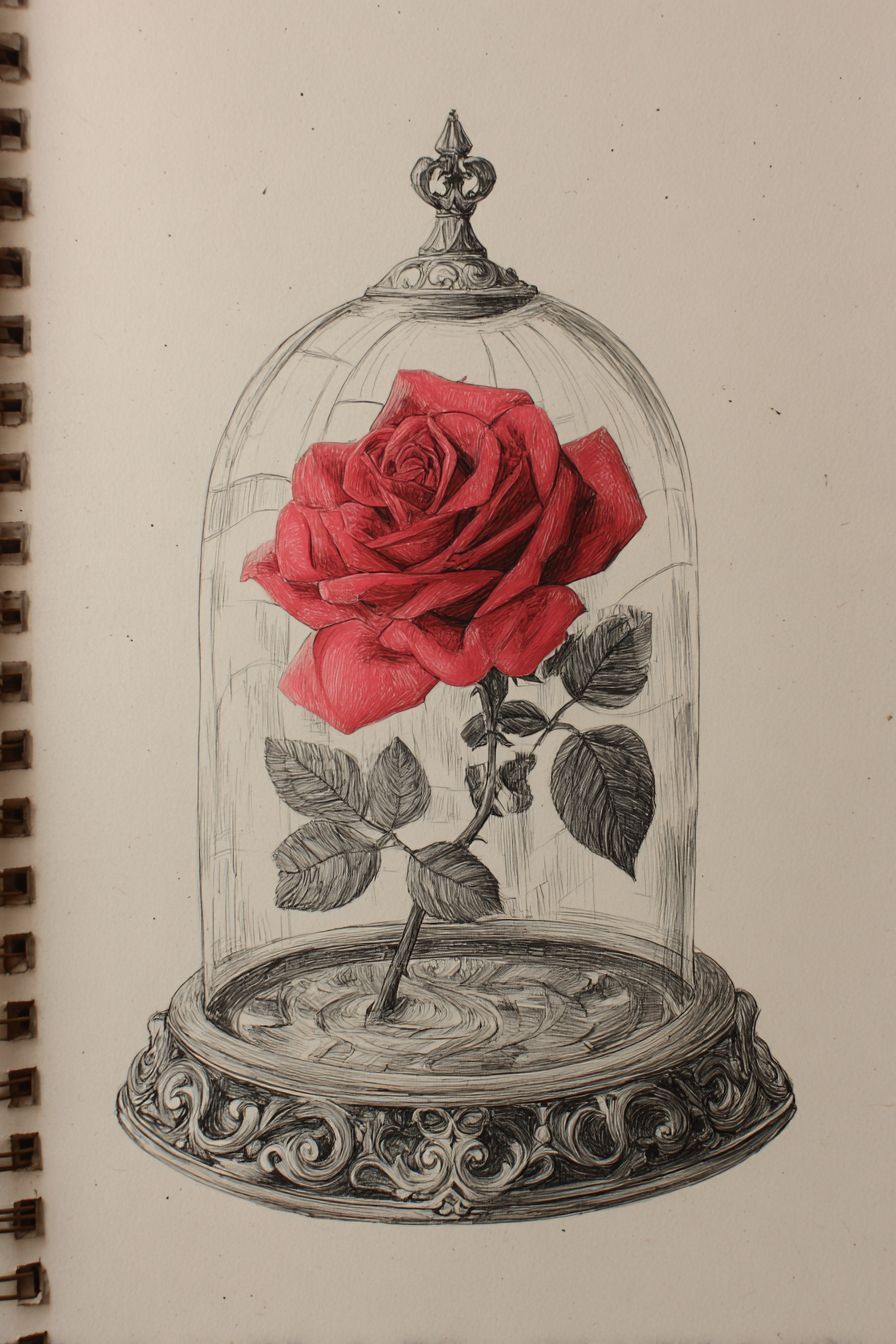 Desenho de Rosa: rosa vermelha sob um vidro decorativo