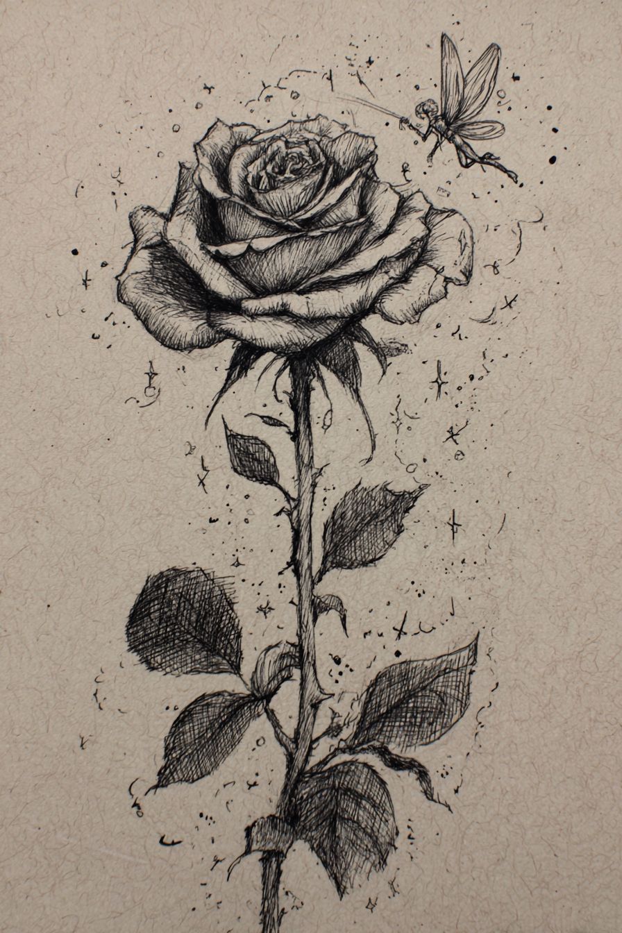 Desenho de Rosa: delicada rosa preta com detalhe de borboleta