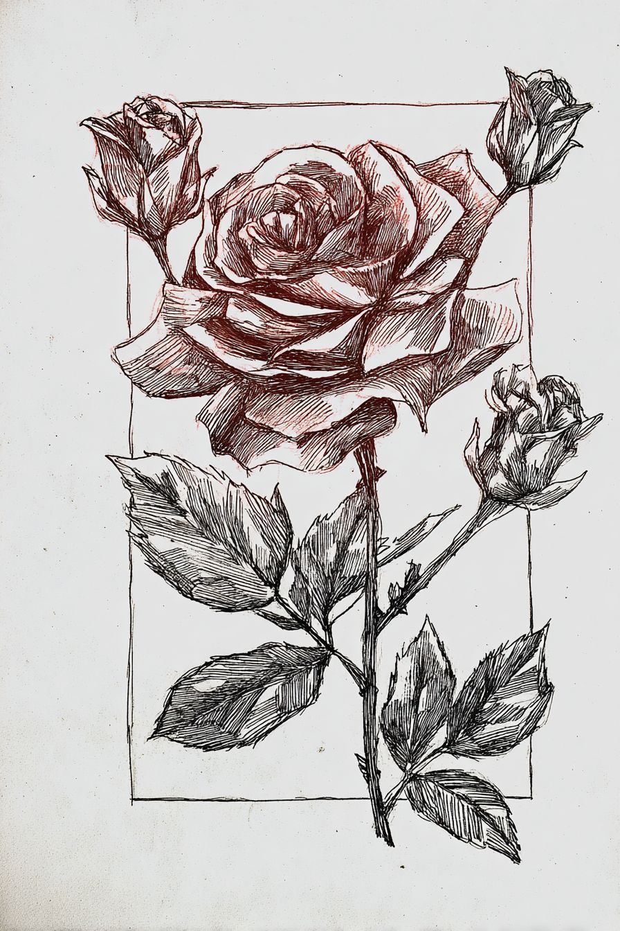 Desenho de Rosa: rosa realista com folhas e botões para desenhar