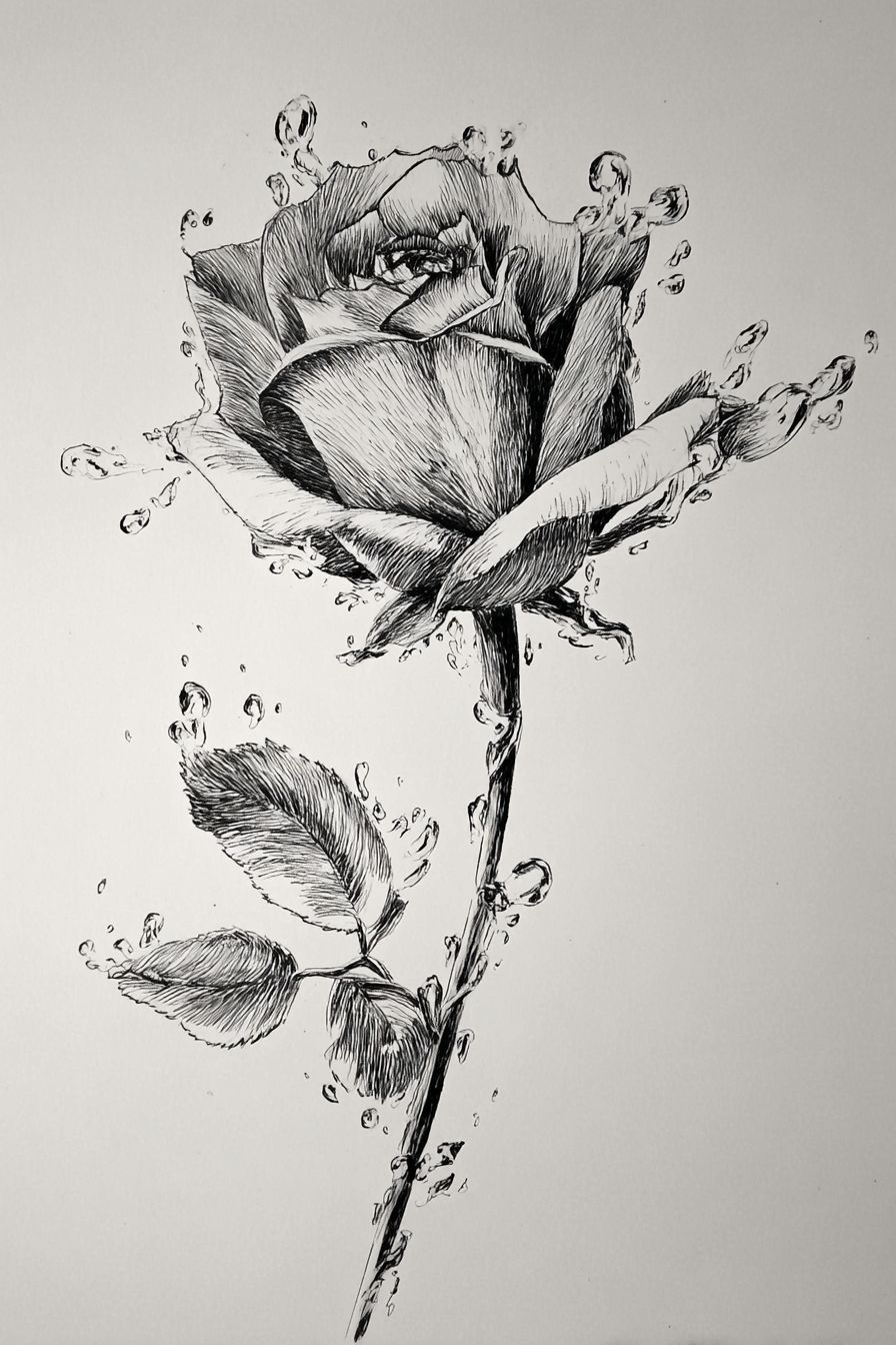 Desenho de Rosa: rosa com gotas de água a lápis para desenhar
