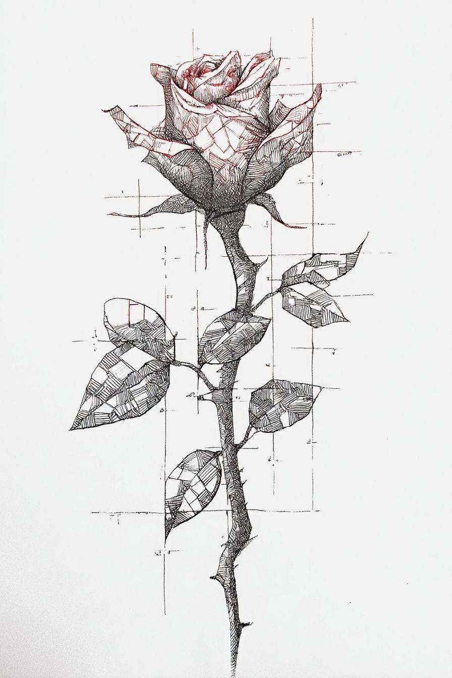 Desenho de Rosa: rosa estilizada com detalhes em lápis