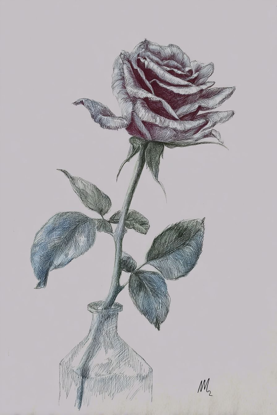 Desenho de Rosa: linda rosa em vaso a lápis para desenhar