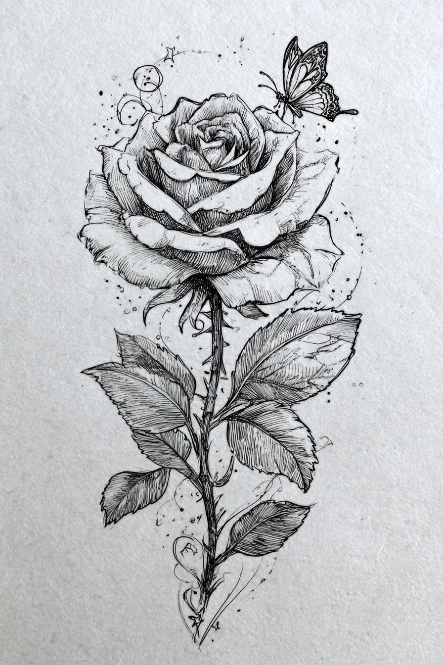 Desenho de Rosa: rosa detalhada com borboleta para desenhar