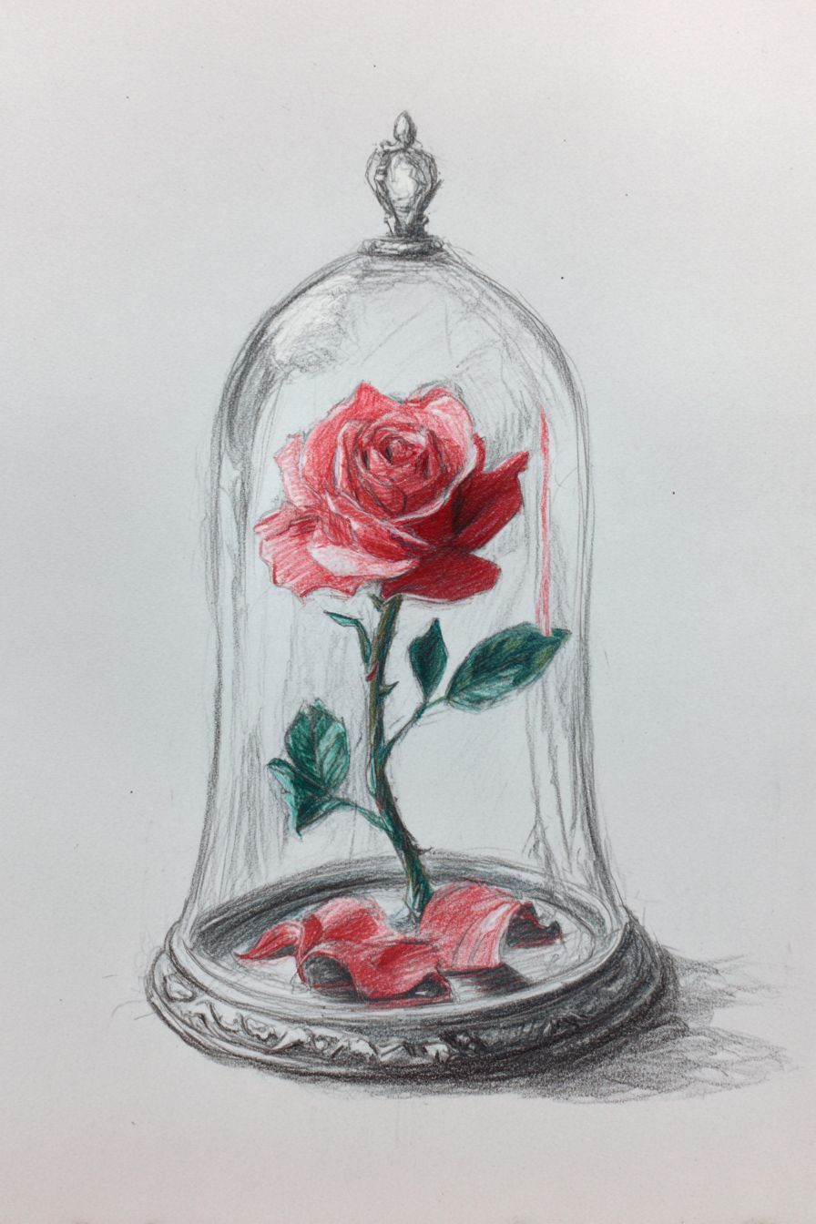 Desenho de Rosa: rosa vermelha em uma cúpula de vidro