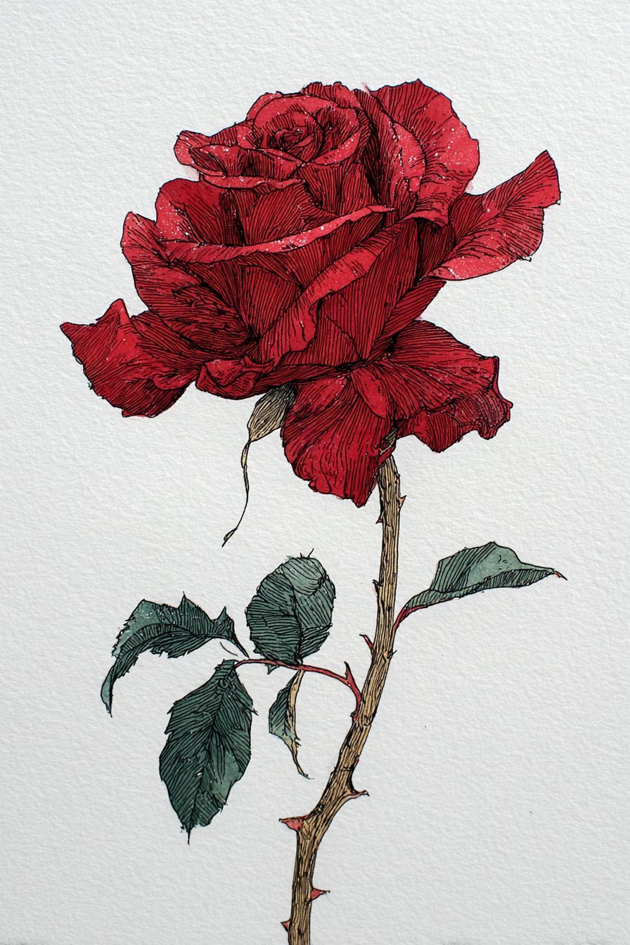 Desenho de Rosa: rosa vermelha detalhada e elegante para desenhar