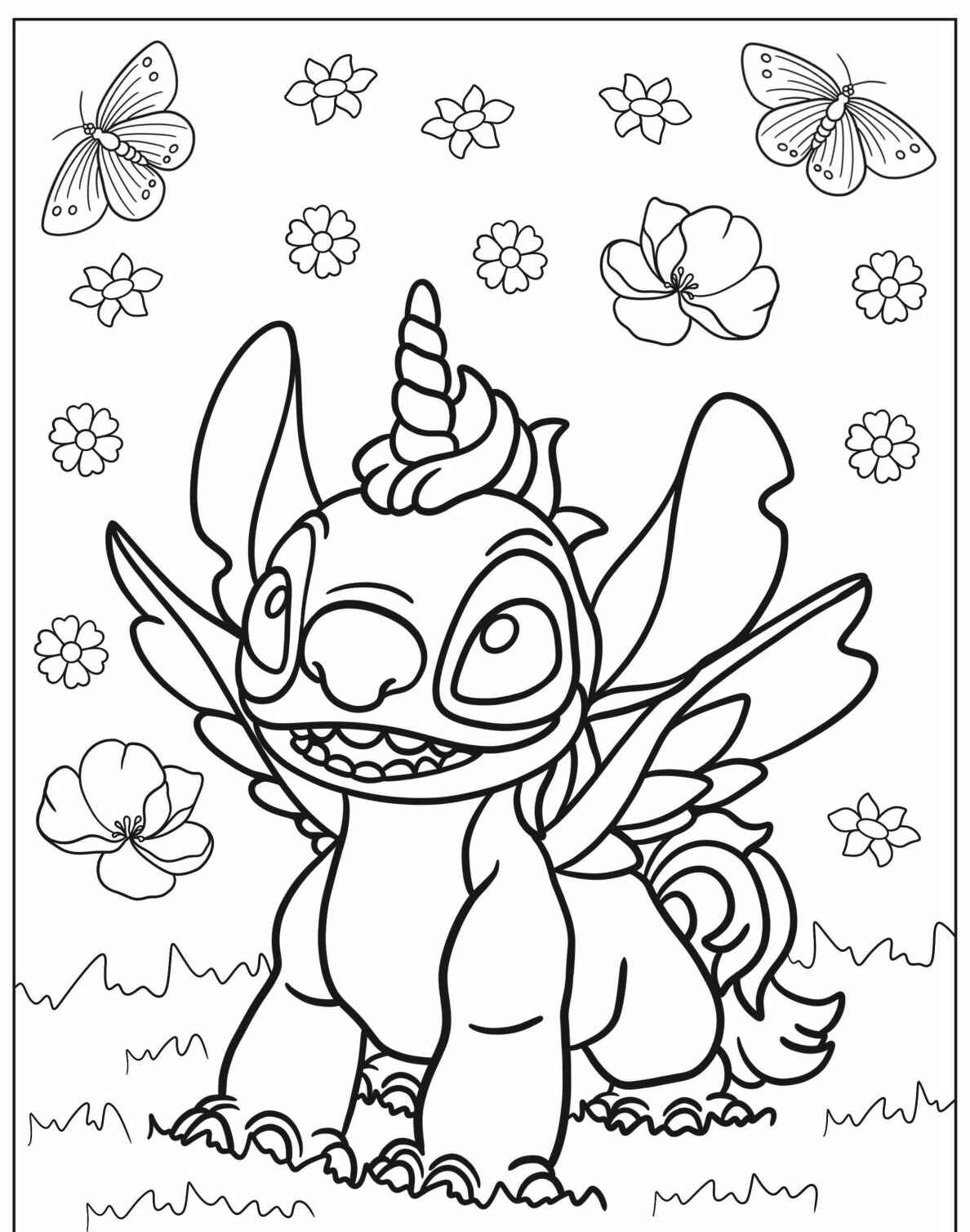 Desenho de Stitch Unicórnio com asas entre flores e borboletas