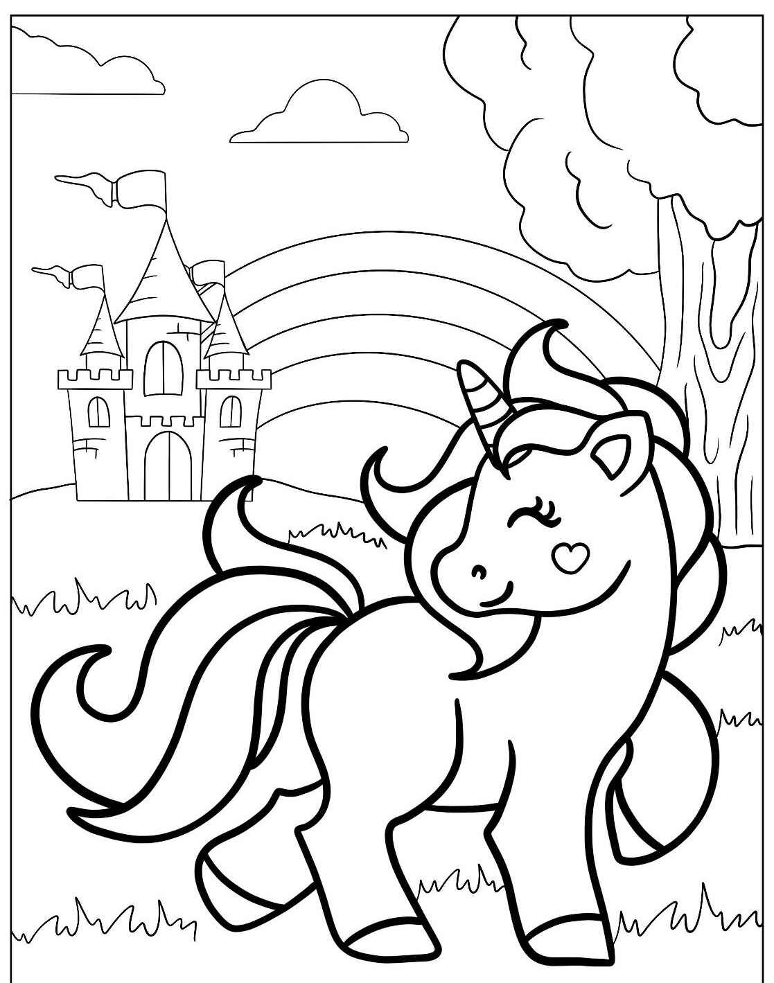 Desenho de Unicórnio sorridente com castelo e arco-íris
