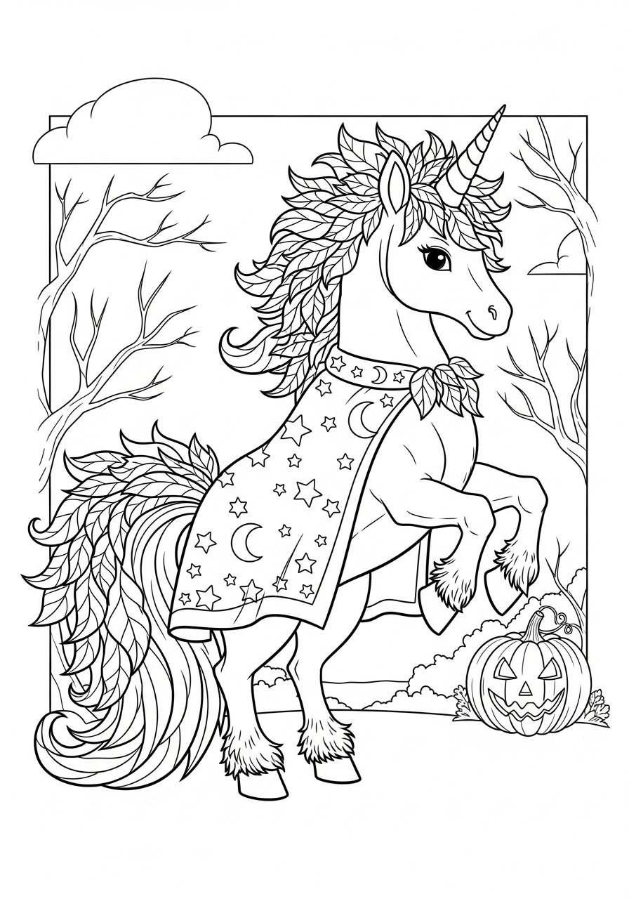 Desenho de Unicórnio em um cenário de Halloween para colorir