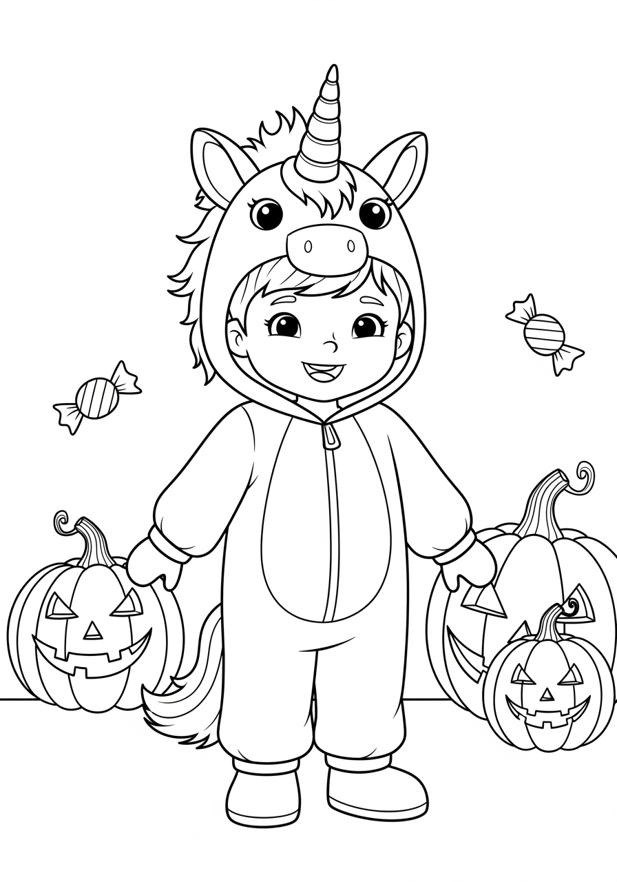 Desenho de criança fantasiada de unicórnio para colorir