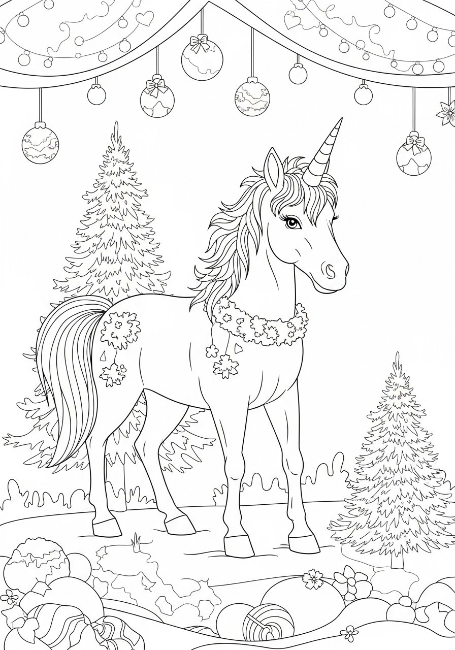 Desenho de Unicórnio com enfeites natalinos para colorir