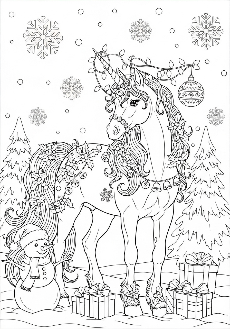 Desenho de Unicórnio decorado com enfeites natalinos