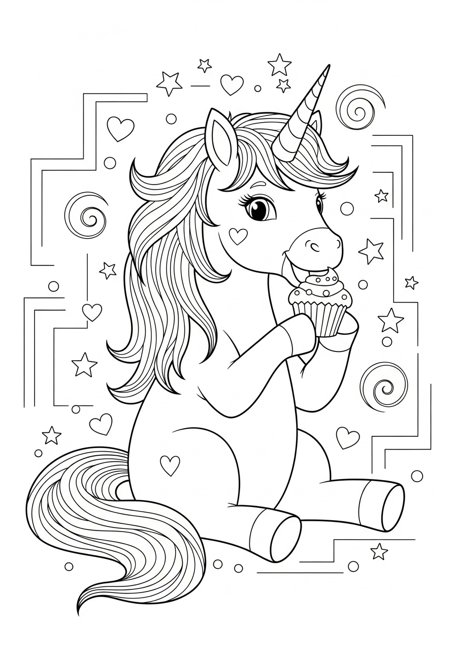 Desenho de Unicórnio comendo cupcake para imprimir e colorir