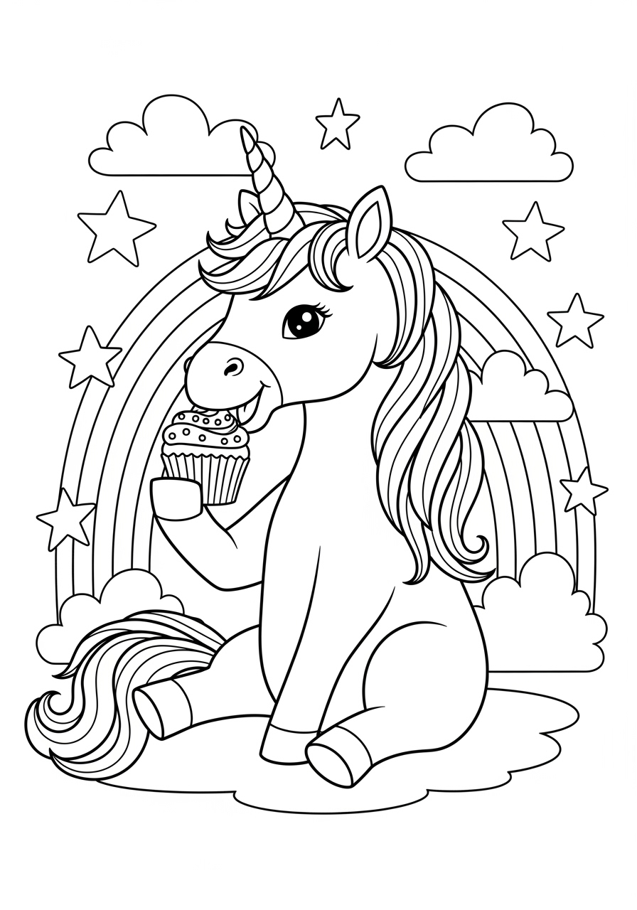 Desenho de Unicórnio com cupcake para imprimir e colorir