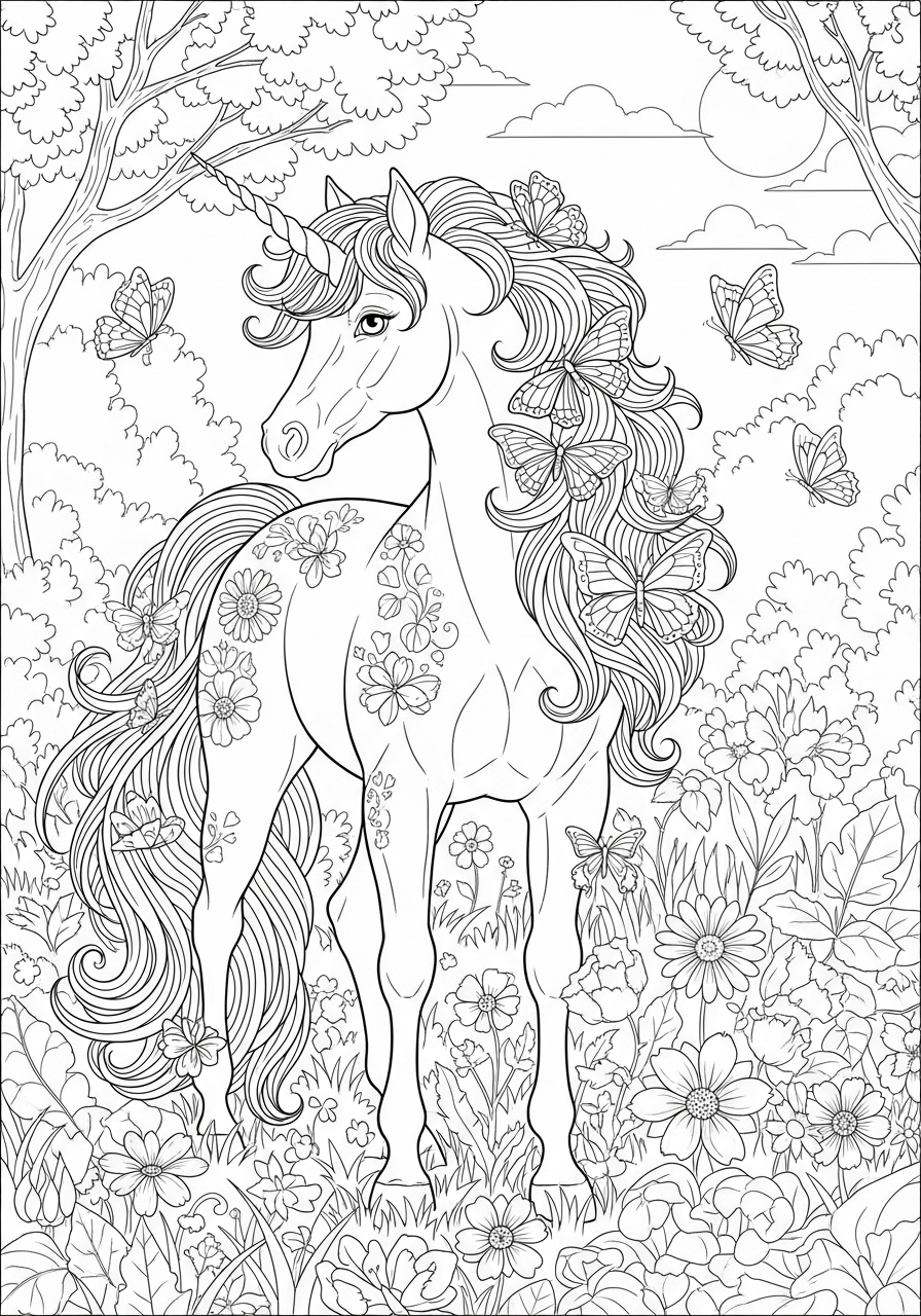 Desenho de Unicórnio rodeado por flores e borboletas para colorir