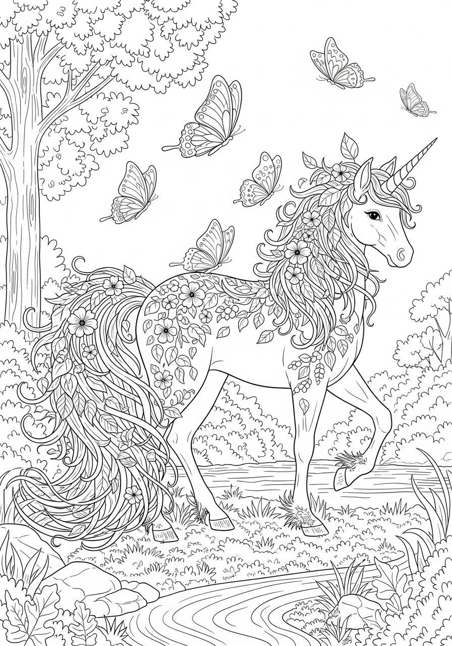Desenho de Unicórnio com flores e borboletas para colorir
