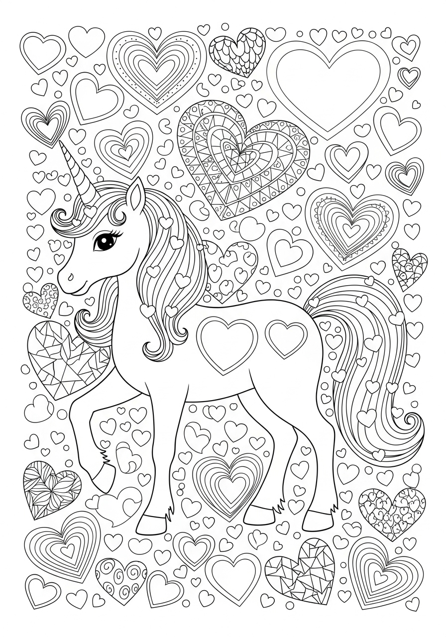 Desenho de Unicórnio rodeado de corações para imprimir e colorir