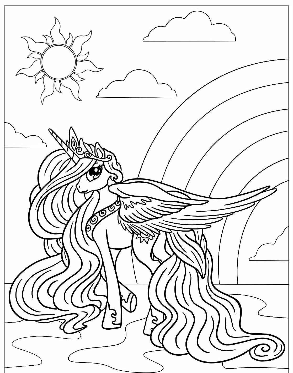 Desenho de Unicórnio com asas na paisagem arrojada