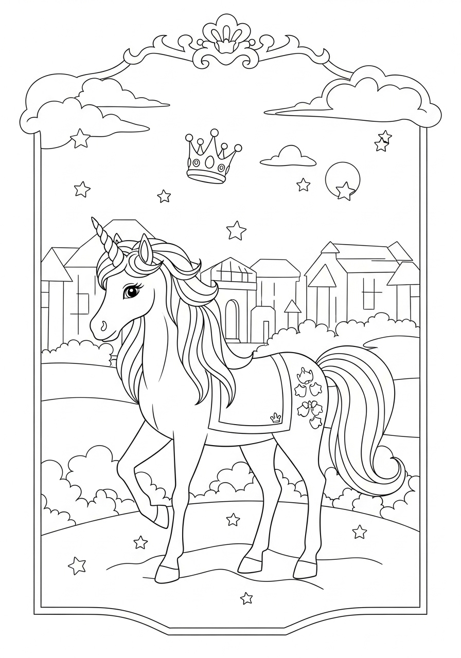 Desenho de Unicórnio com coroa e estrelas para colorir