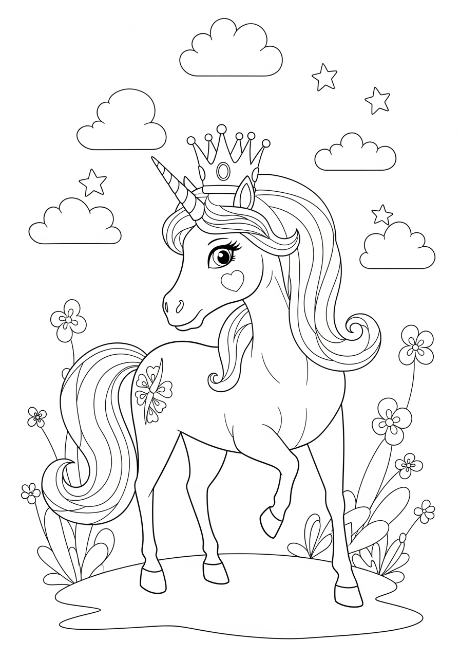 Desenho de Unicórnio com coroa entre nuvens e flores para colorir