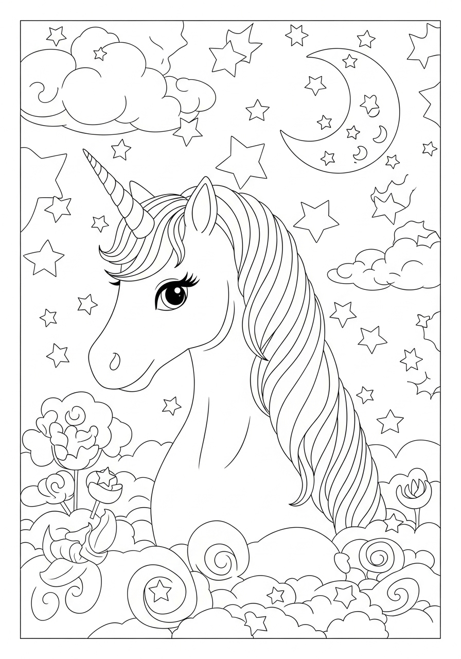 Desenho de Unicórnio com nuvens e estrelas para imprimir