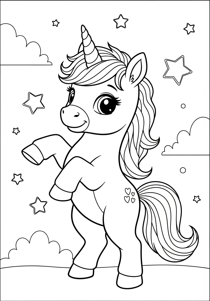 Desenho de Unicórnio sorridente em meio a estrelas para colorir