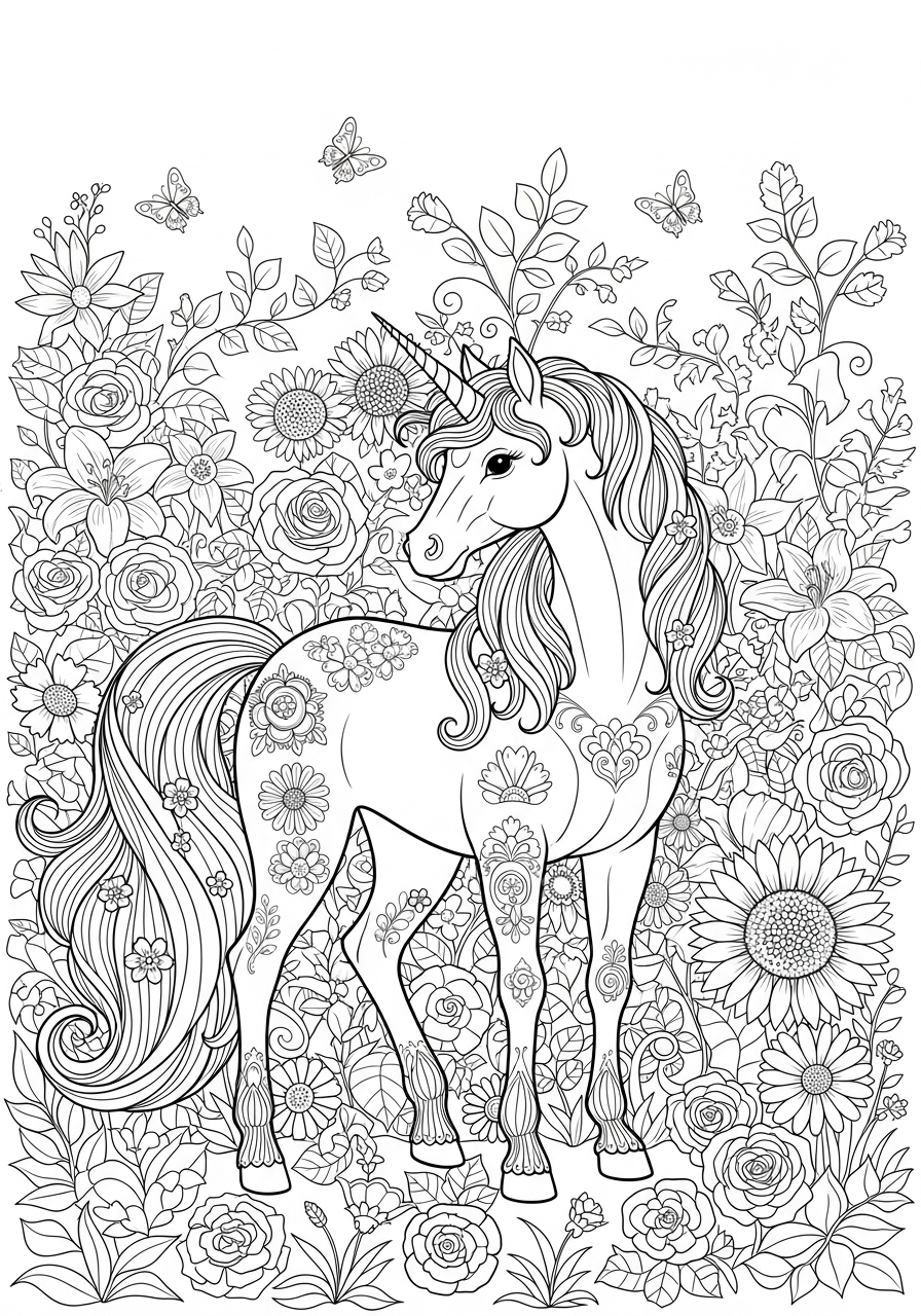 Desenho de Unicórnio decorado com flores para colorir