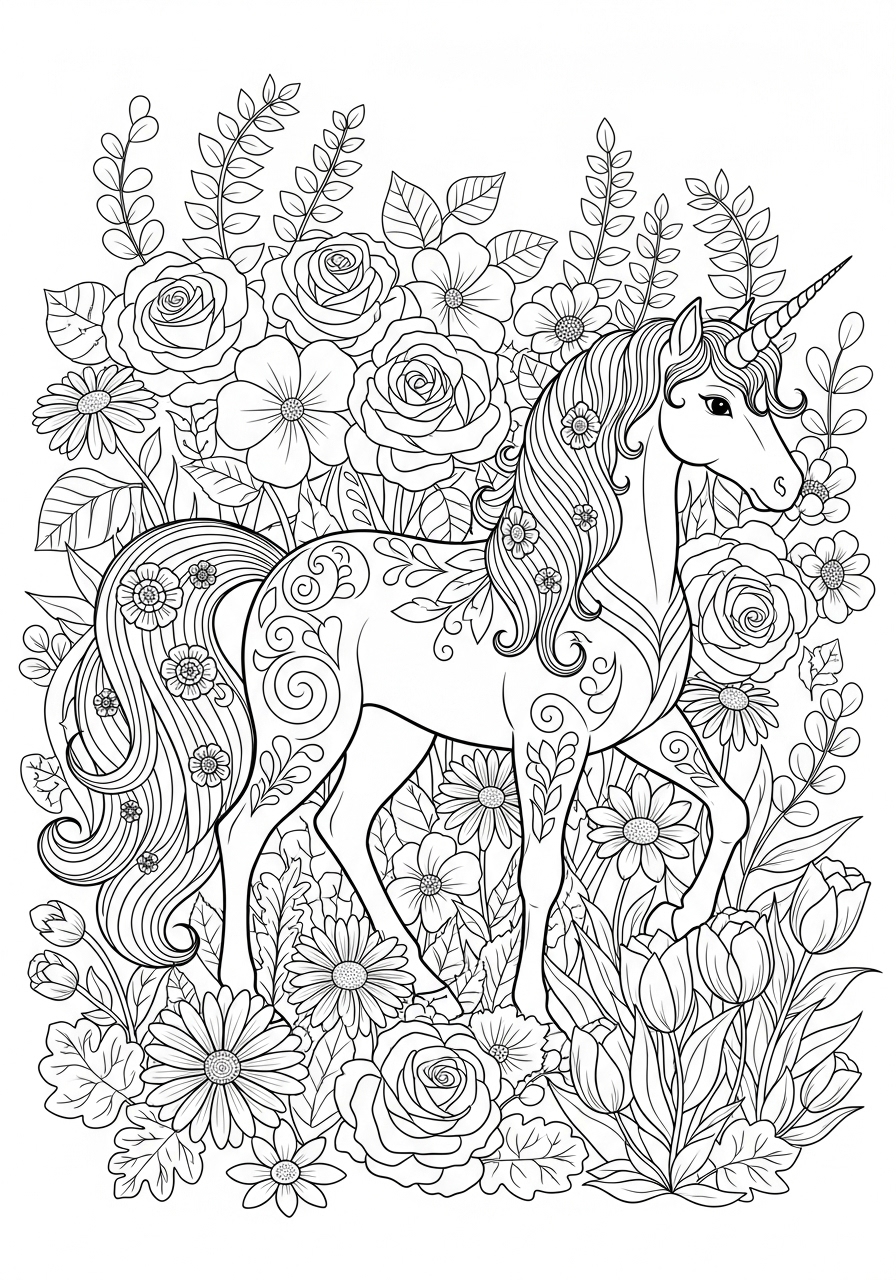 Desenho de Unicórnio entre flores para imprimir e colorir