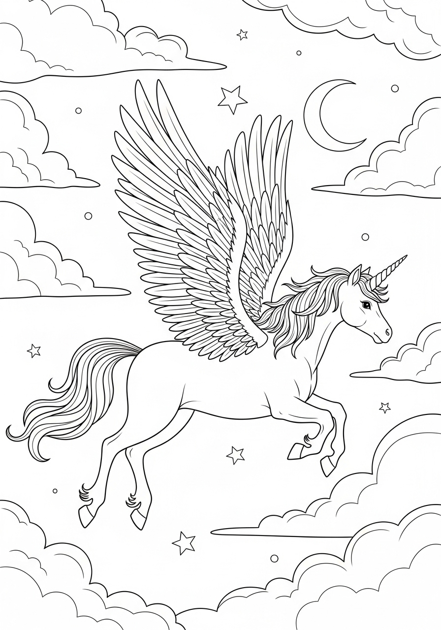 Desenho de Unicórnio alado nas nuvens para imprimir e colorir