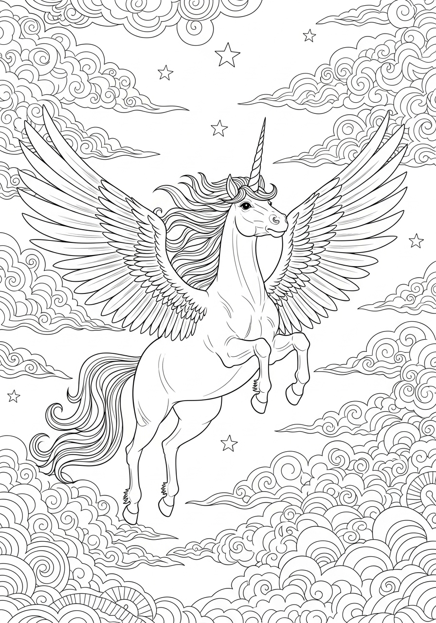 Desenho de Unicórnio com asas nas nuvens para imprimir