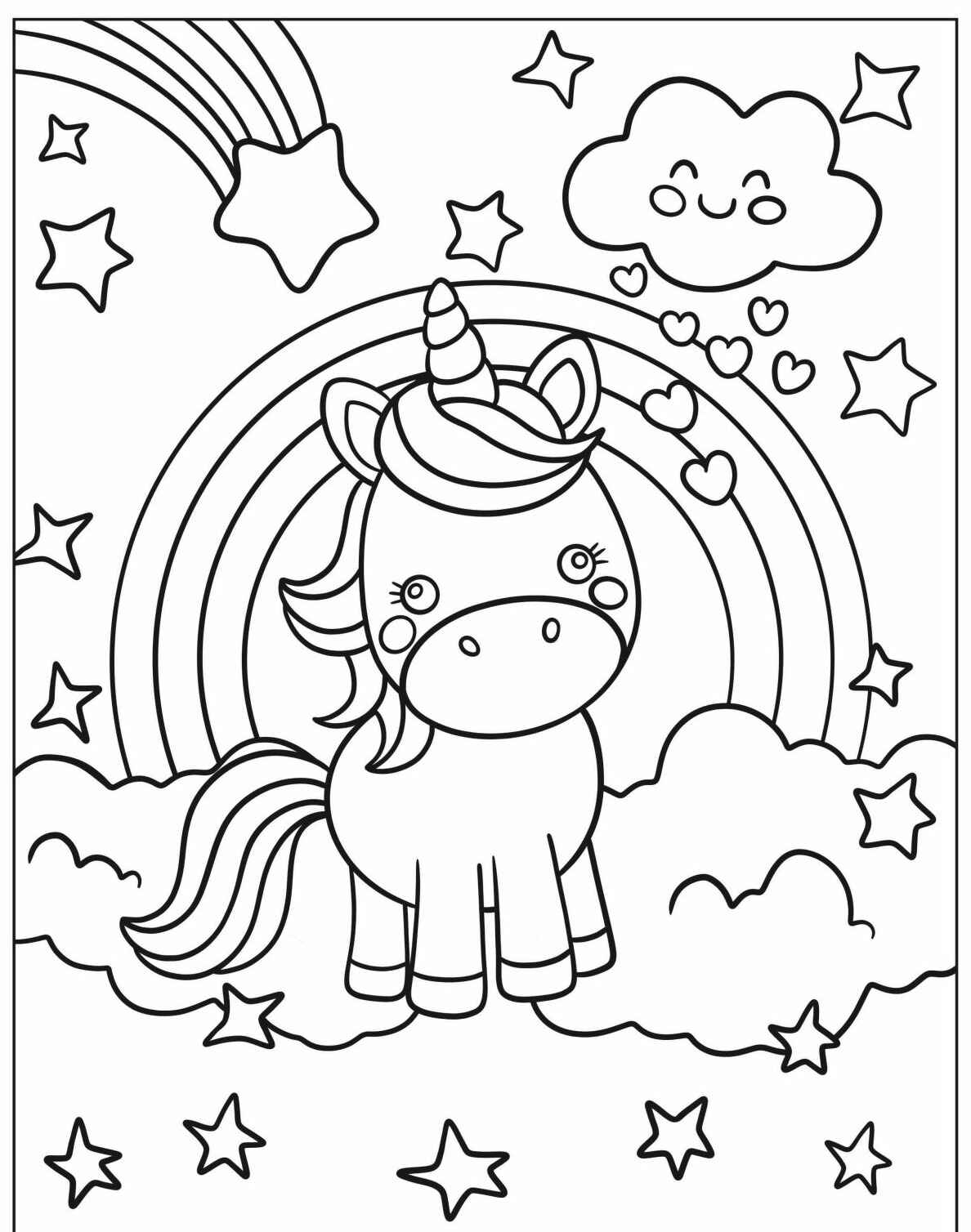 Desenho de Unicórnio em um fundo com estrelas e arco-íris