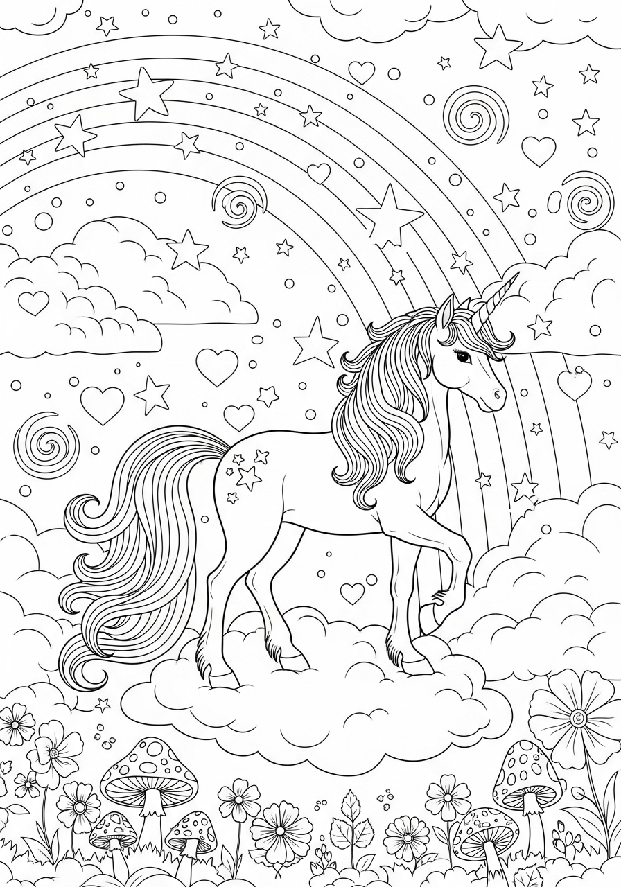 Desenho de Unicórnio em nuvens com arco-íris para colorir