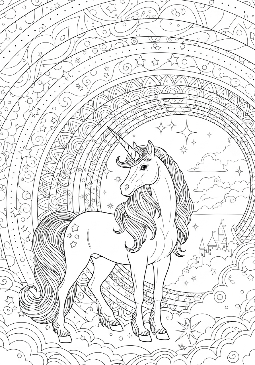 Desenho de Unicórnio em meio a estrelas e nuvens para colorir