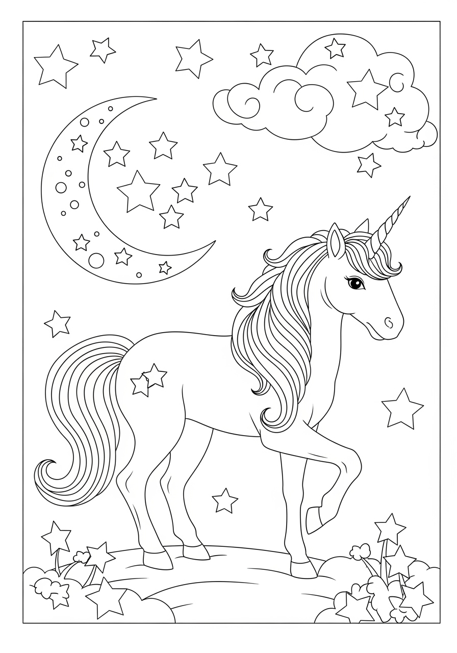 Desenho de Unicórnio em meio a estrelas para colorir