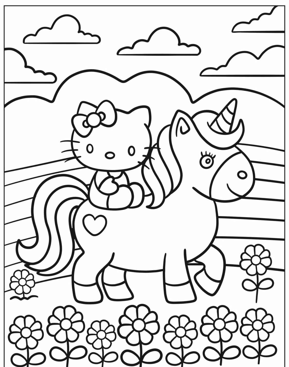 Desenho de Hello Kitty montando em um unicórnio para colorir