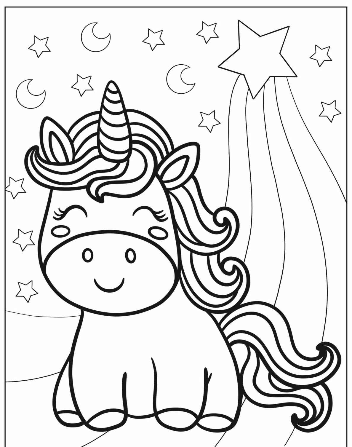 Desenho de Unicórnio feliz com estrelas e lua para colorir