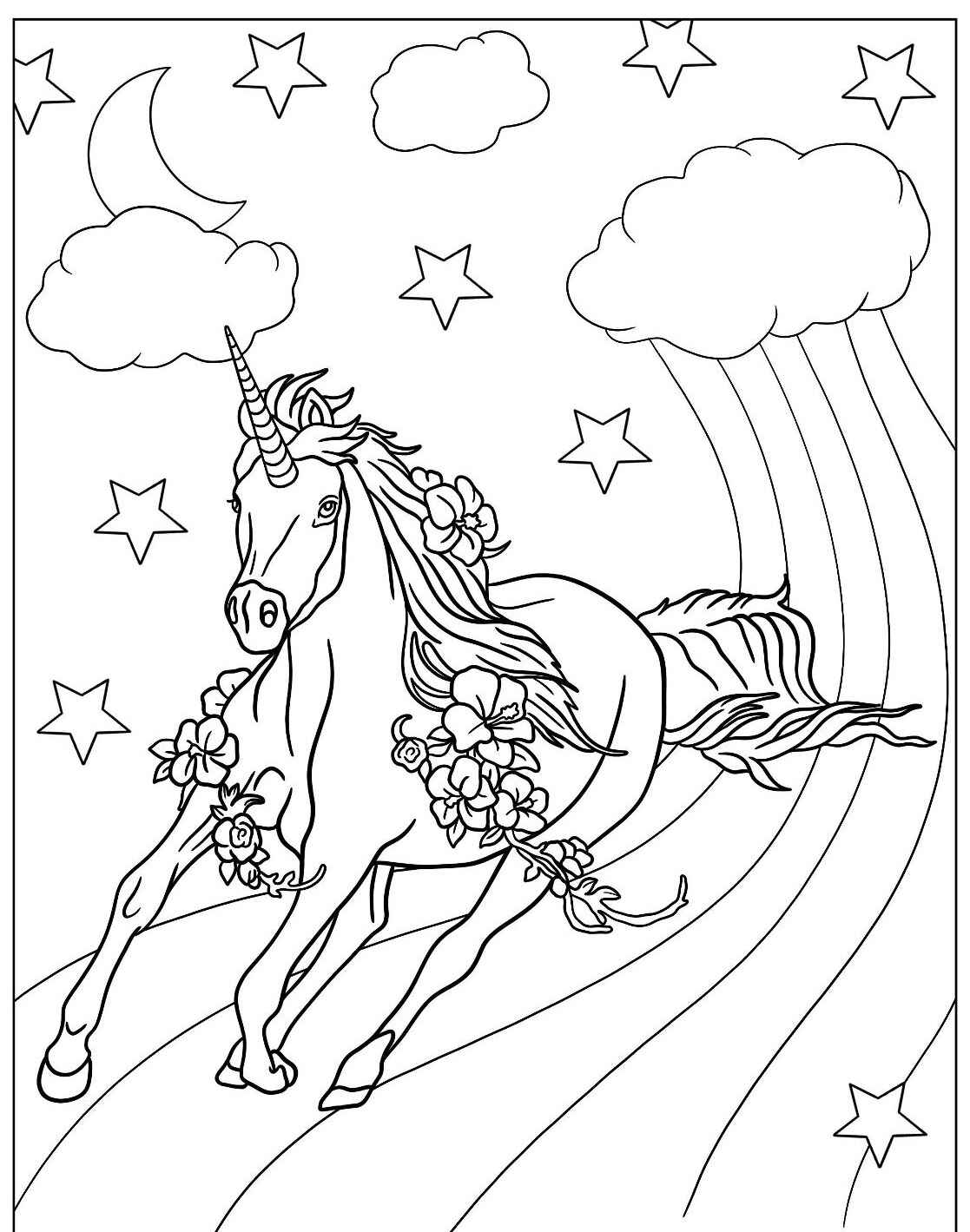 Desenho de Unicórnio com flores e arco-íris para imprimir