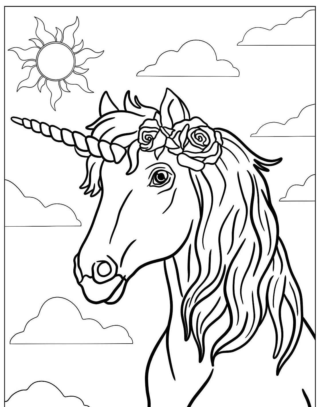 Desenho de Unicórnio com flores na cabeça para colorir