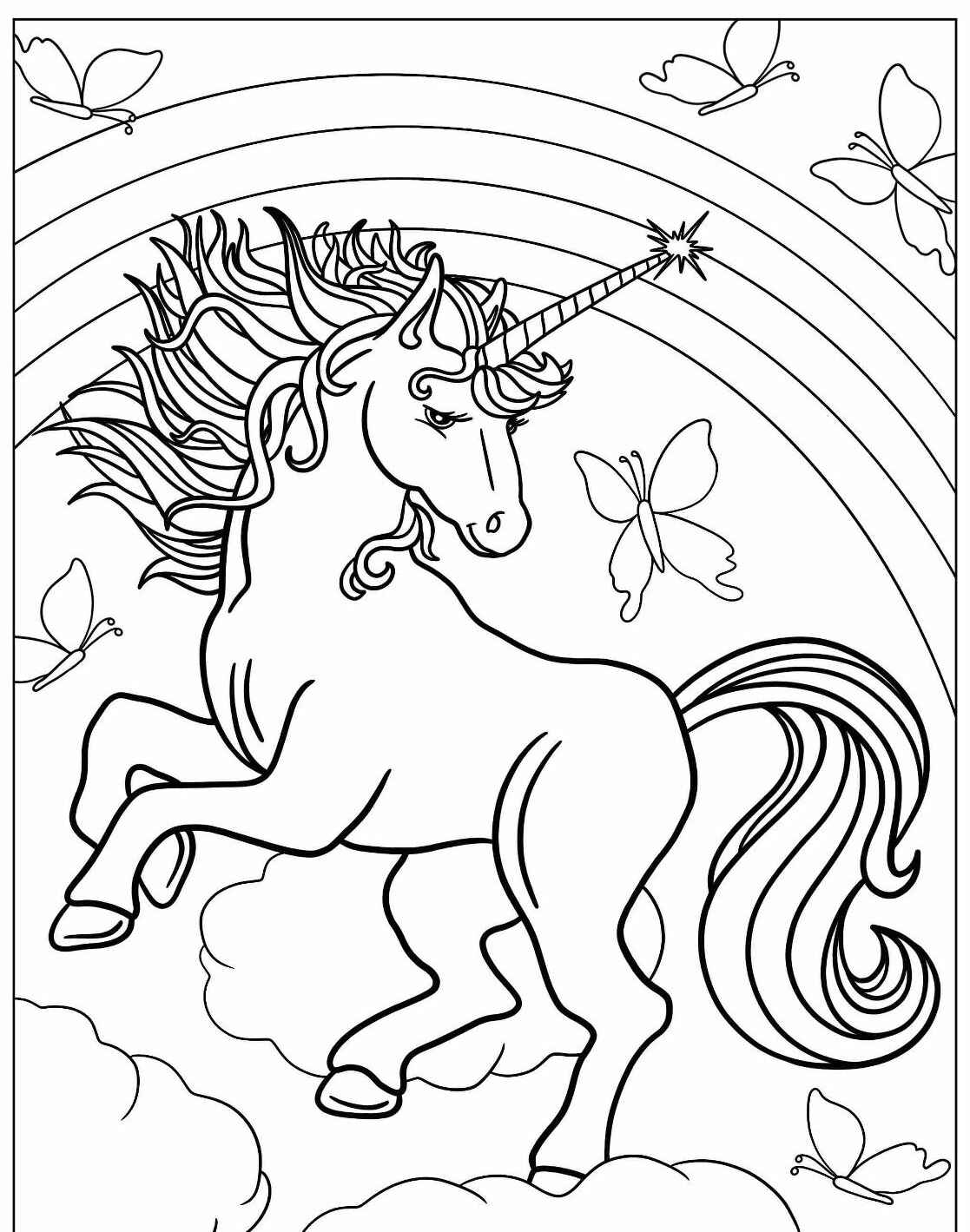 Desenho de Unicórnio dançando entre nuvens e borboletas