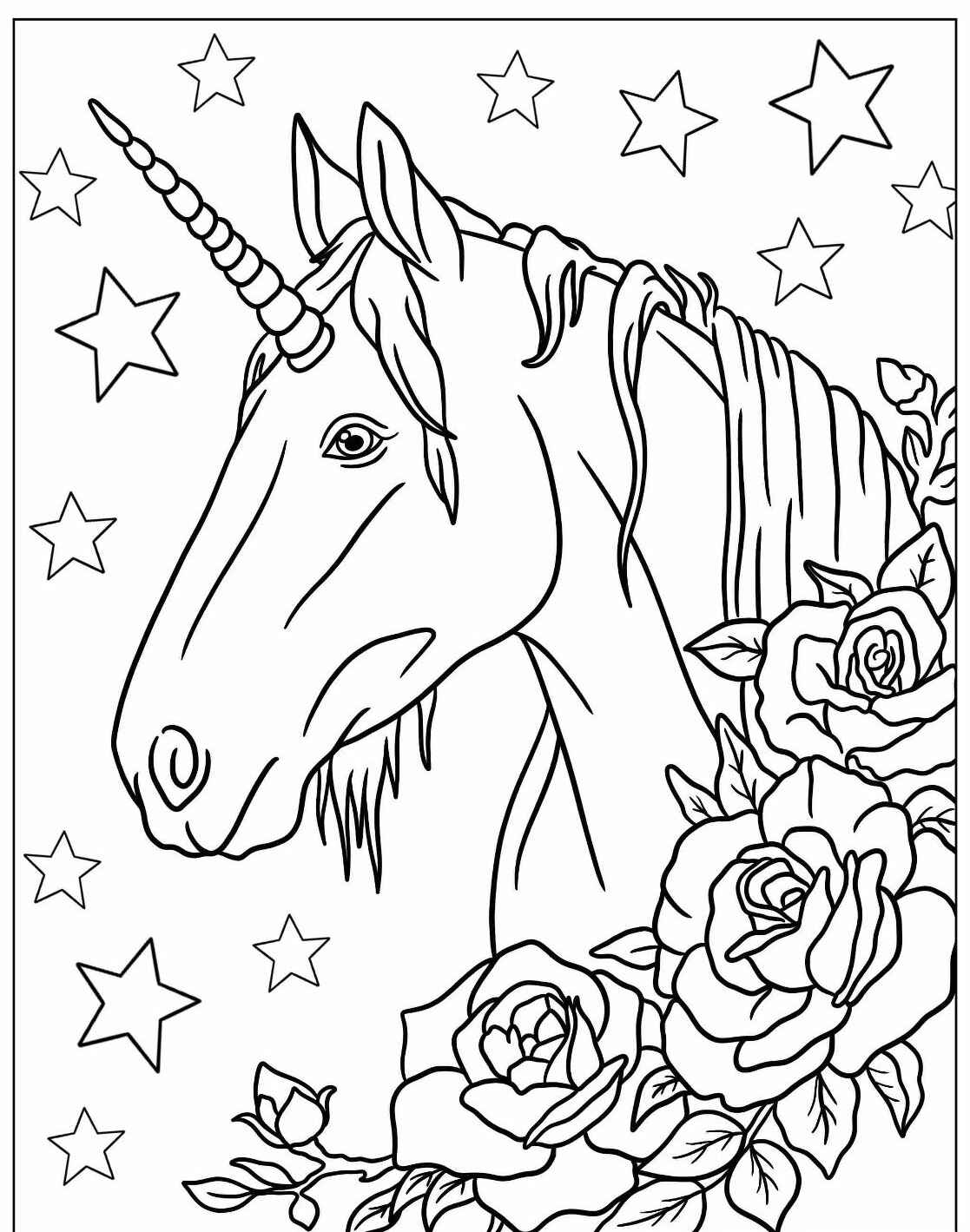 Desenho de Unicórnio com flores e estrelas para colorir