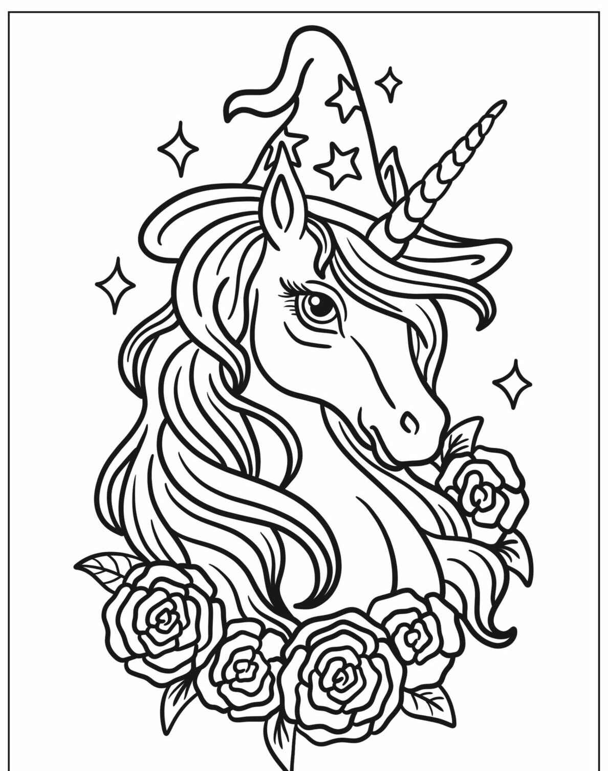Desenho de Unicórnio com chapéu mágico e rosas para imprimir
