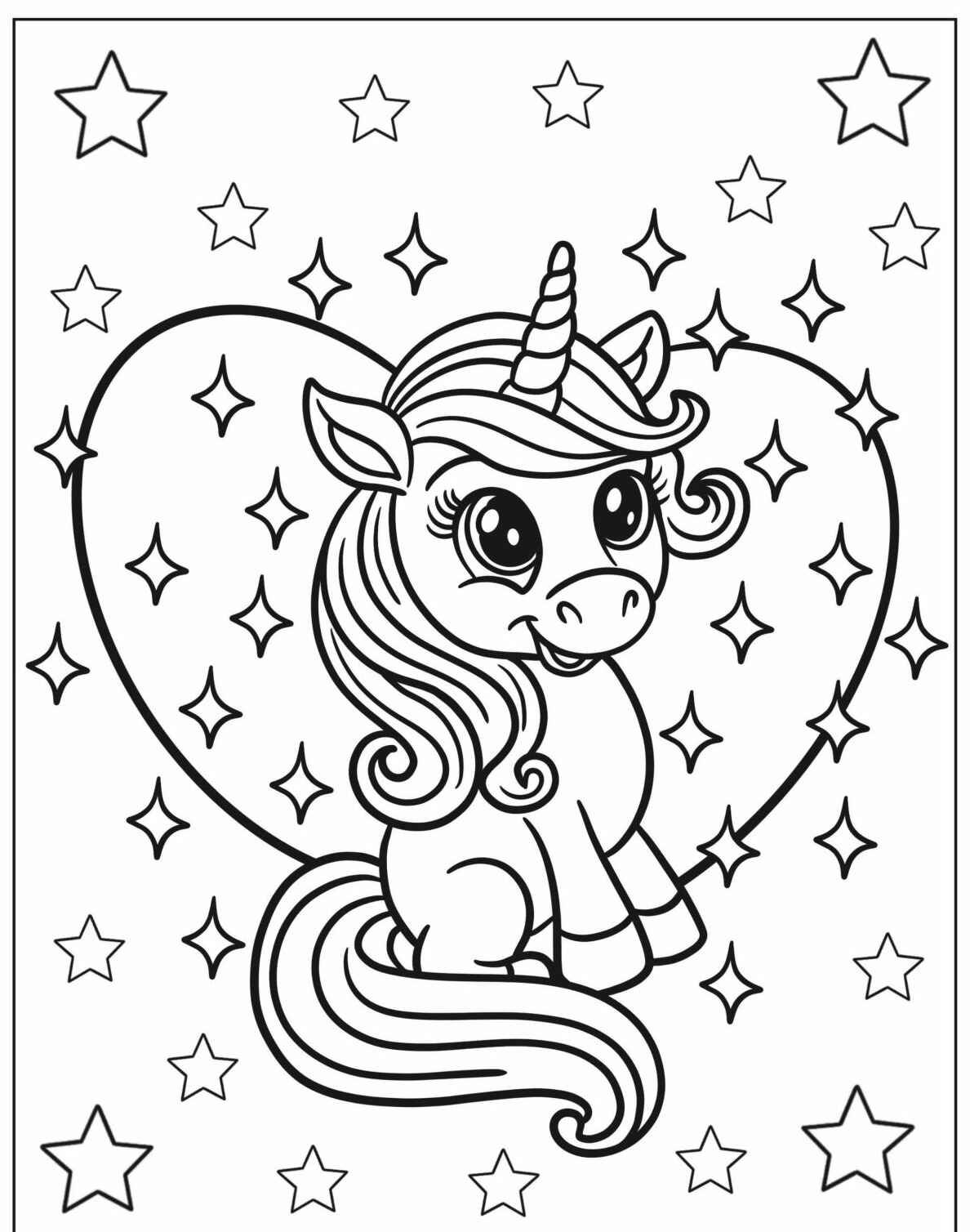 Desenho de Unicórnio com estrelas para imprimir e colorir