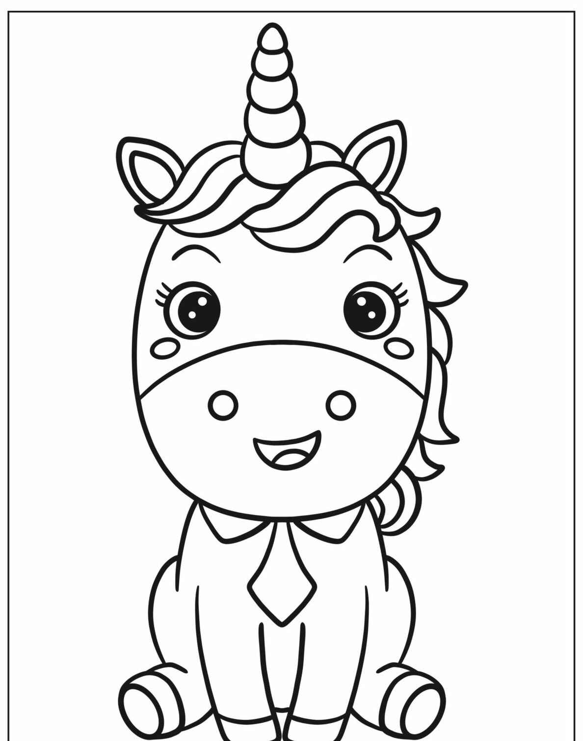 Desenho de Unicórnio fofinho sentado para imprimir e colorir