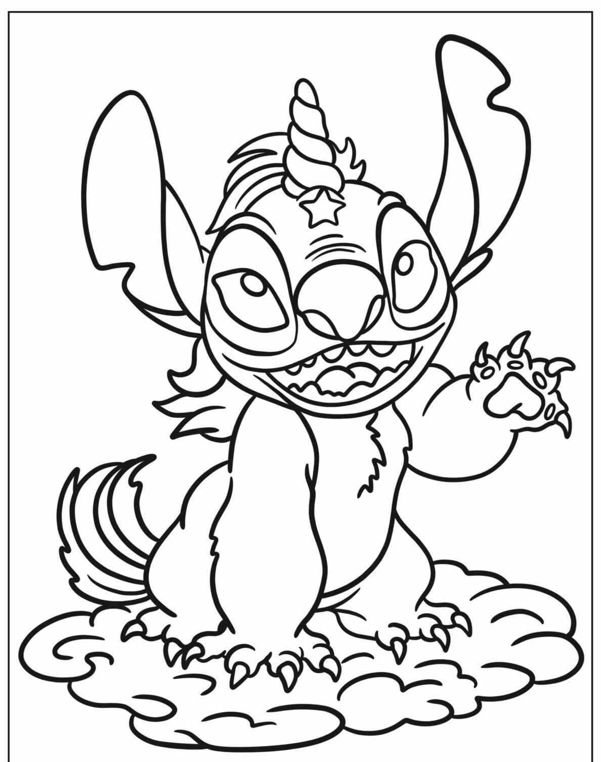 Desenho de Unicórnio Stitch sorrindo para imprimir e colorir