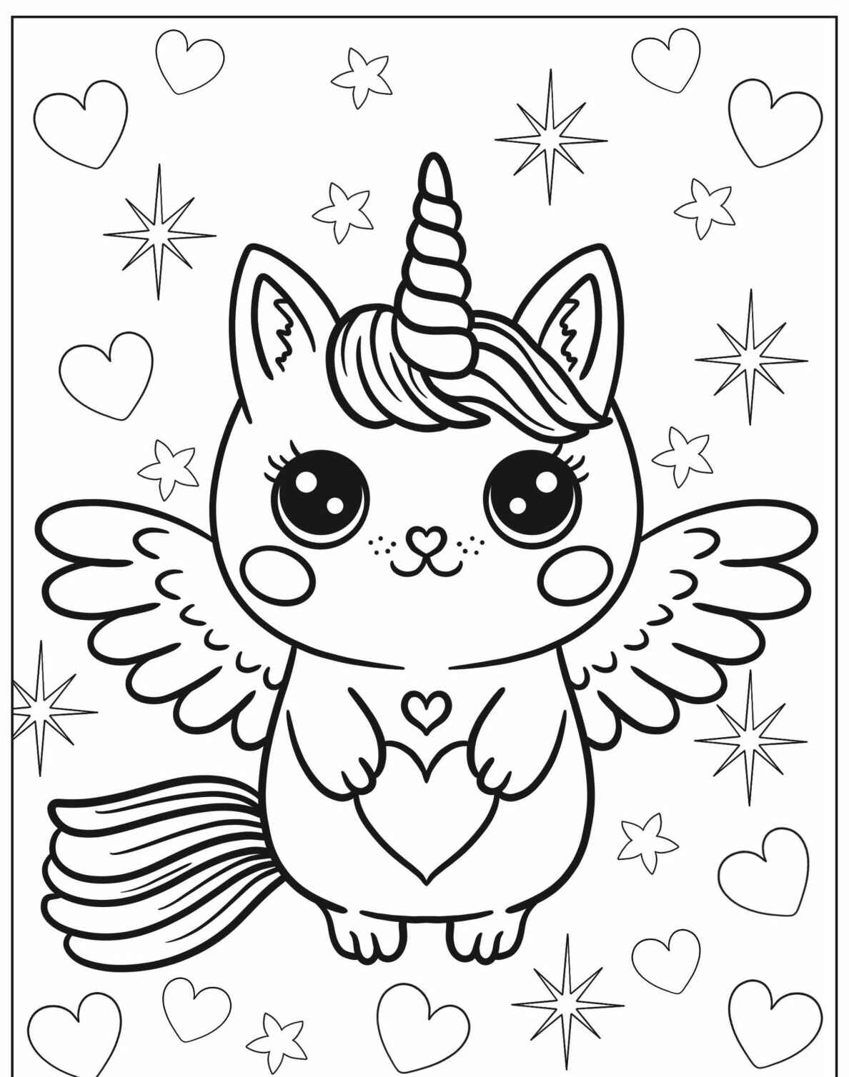 Desenho de Unicórnio estilo gatinho com estrelas e corações