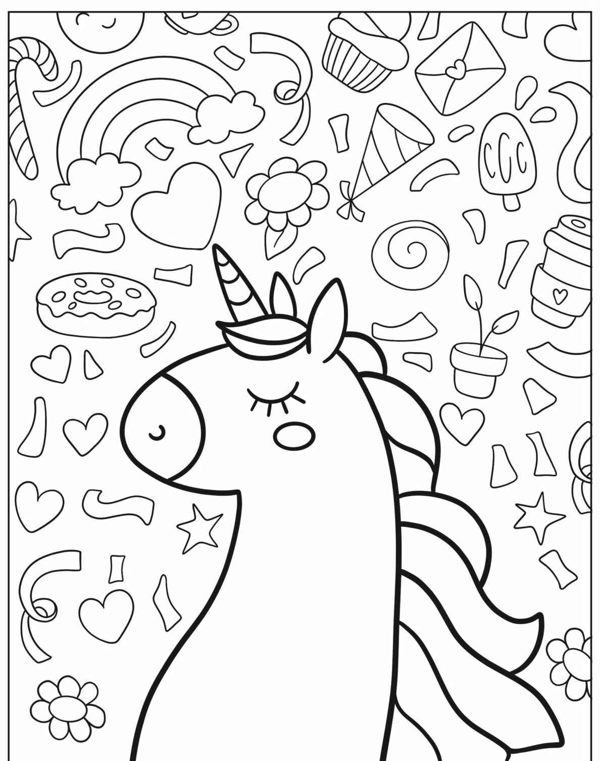 Desenho de Unicórnio cercado por elementos divertidos para colorir