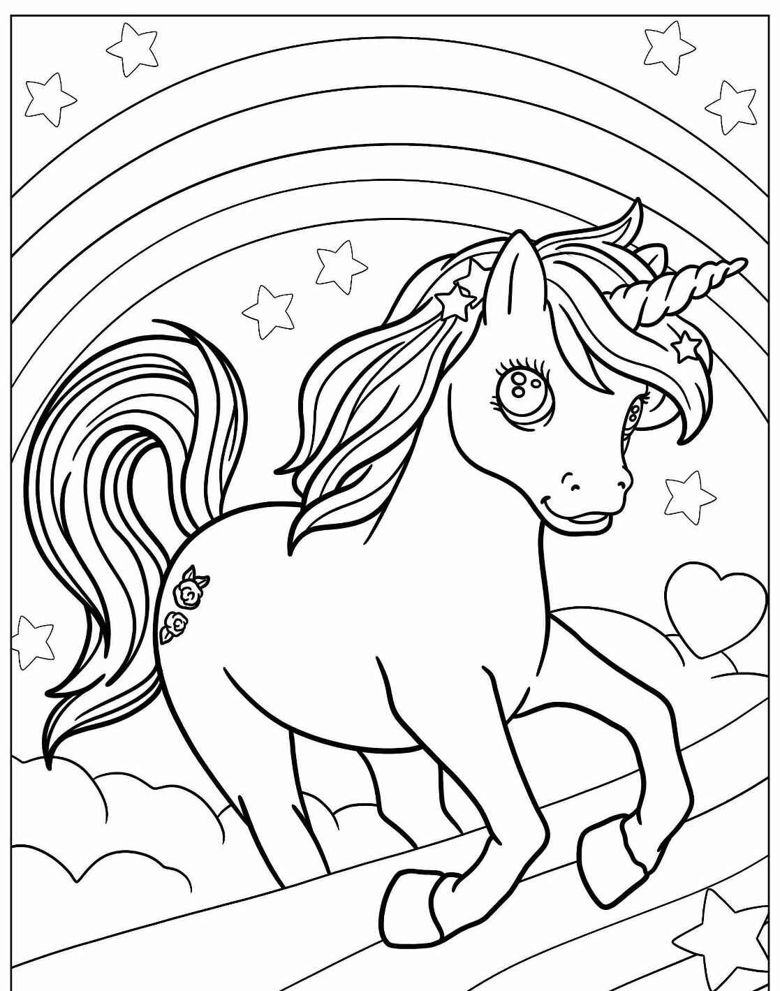 Desenho de Unicórnio correndo embaixo de um arco-íris