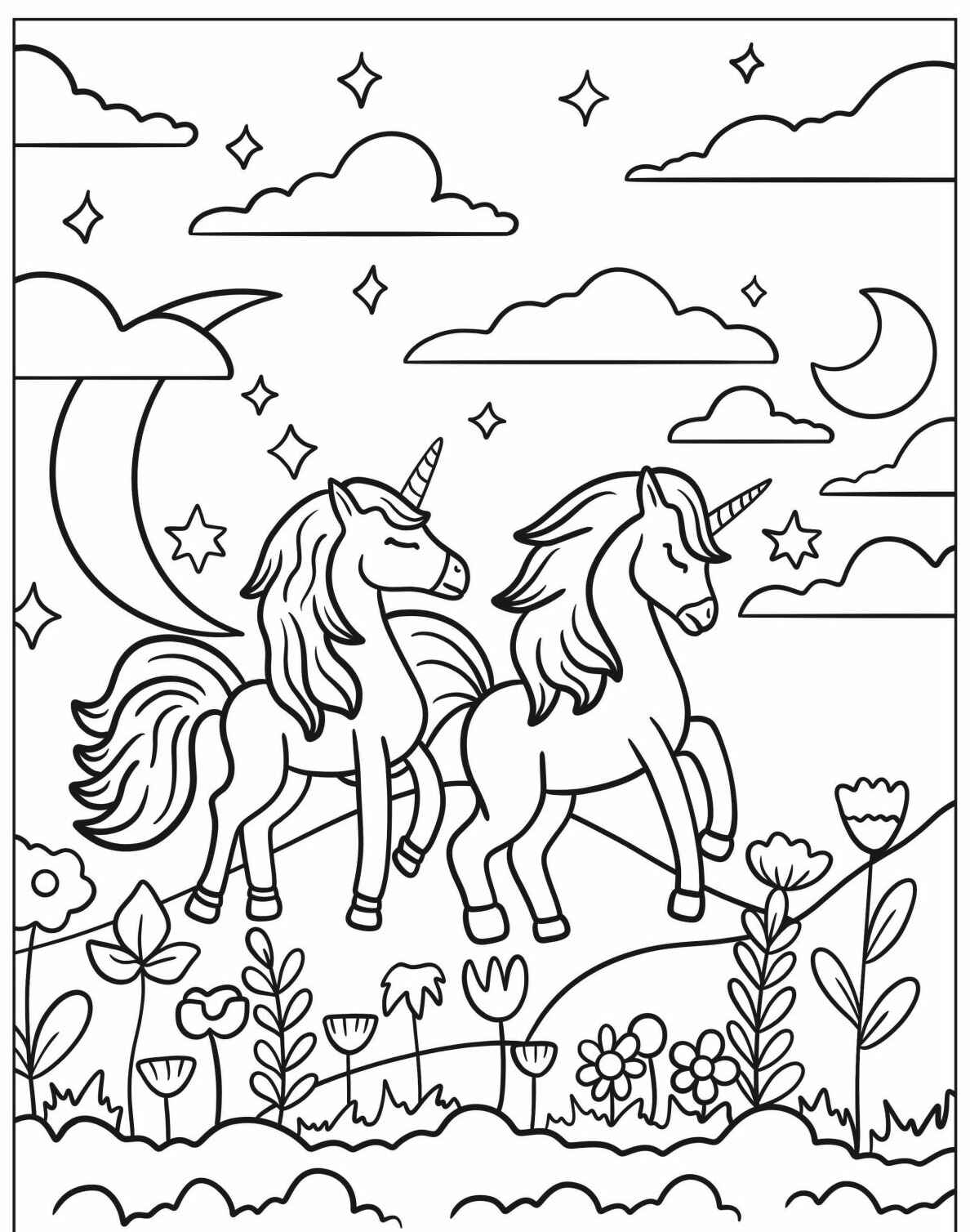 Desenho de Unicórnio passeando em um cenário mágico