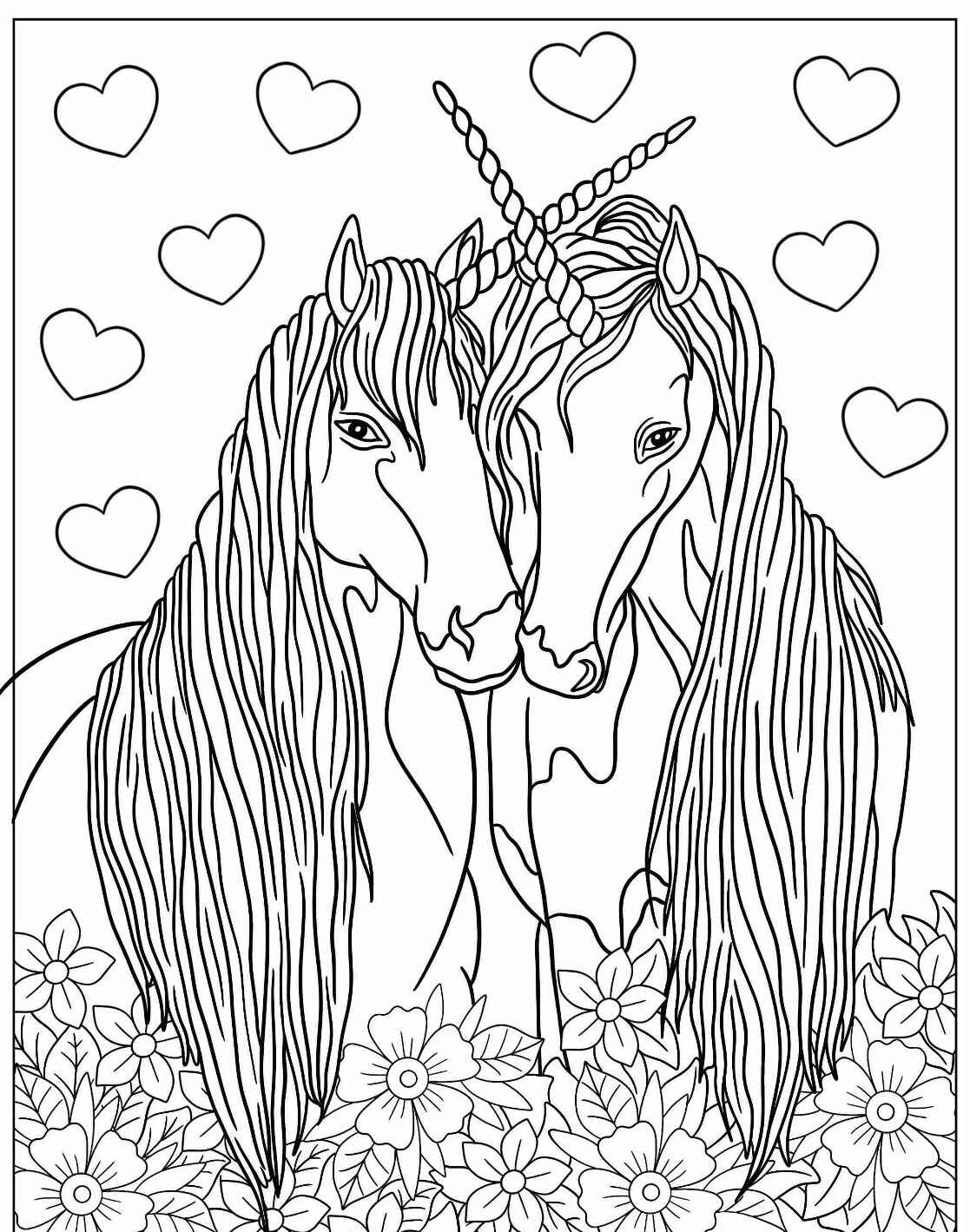 Desenho de dois unicórnios com corações e flores para colorir