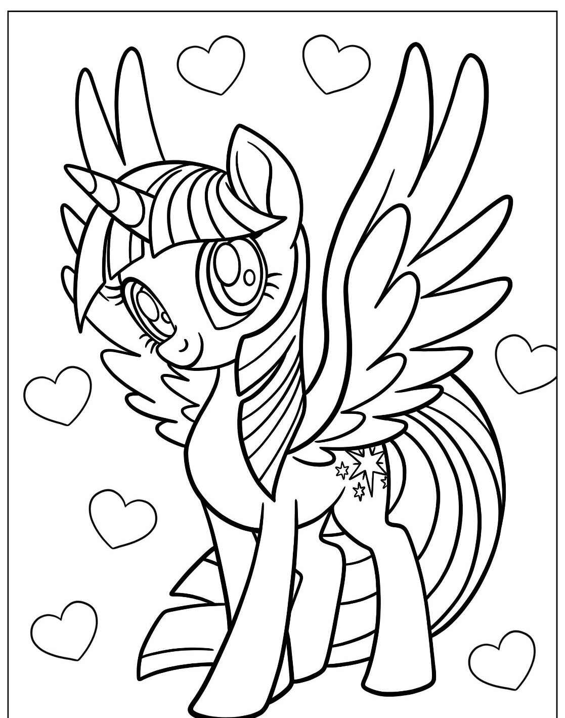 Desenho de Unicórnio com asas e corações para colorir